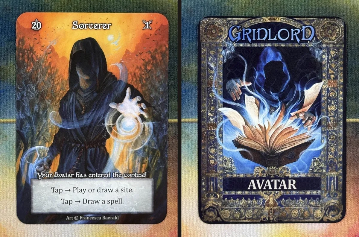 Gridlord Sorcerer Alpha Curio — standard front by Francesca Baerald (left) alongside variant back reading "GRIDLORD" instead of "Sorcery" (right)