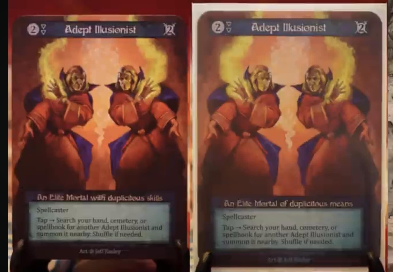 Adept Illusionist Beta Curio variant (mirrored) by Jeff Easley, shown side-by-side with the standard Beta print