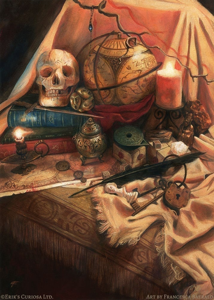 Erik's Curiosa — the painting that named the company, painted by Baerald in 2019 at double the usual card-illustration size