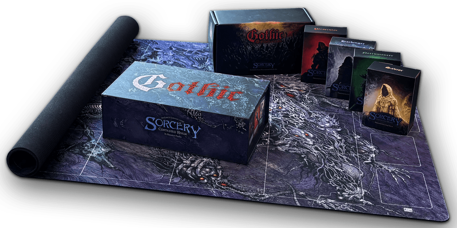 Gothic family product lineup — booster box, four Prophets of Doom preconstructed decks, and the Ian Miller neoprene playmat