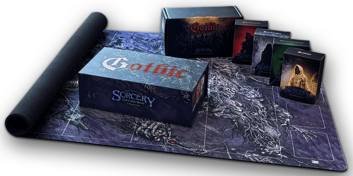 Gothic family product lineup — booster box, four Prophets of Doom preconstructed decks, and the Ian Miller neoprene playmat