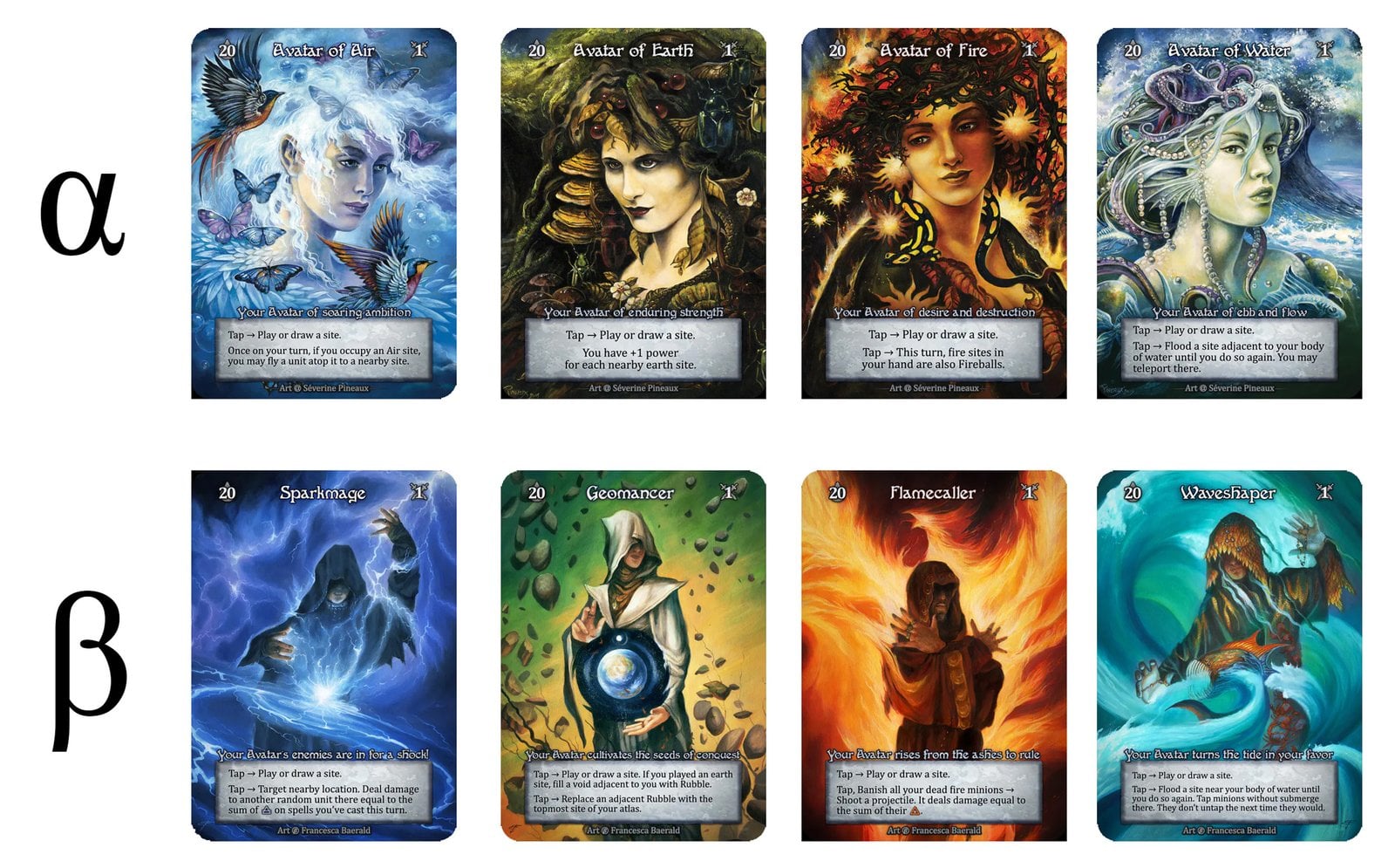 Alpha's four elemental Avatars (top row) beside the Beta cards that replaced them (bottom row)