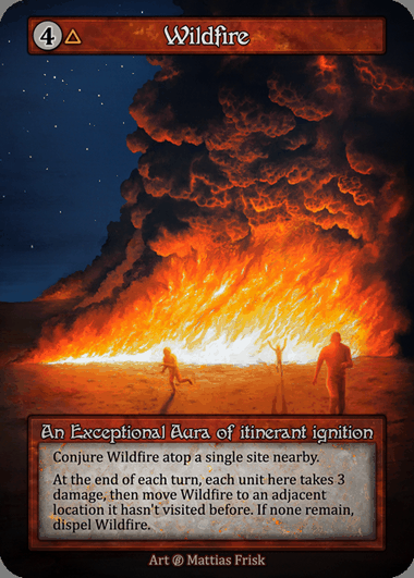 Wildfire — Beta card scan, a 4-mana Exceptional Aura with single Fire threshold