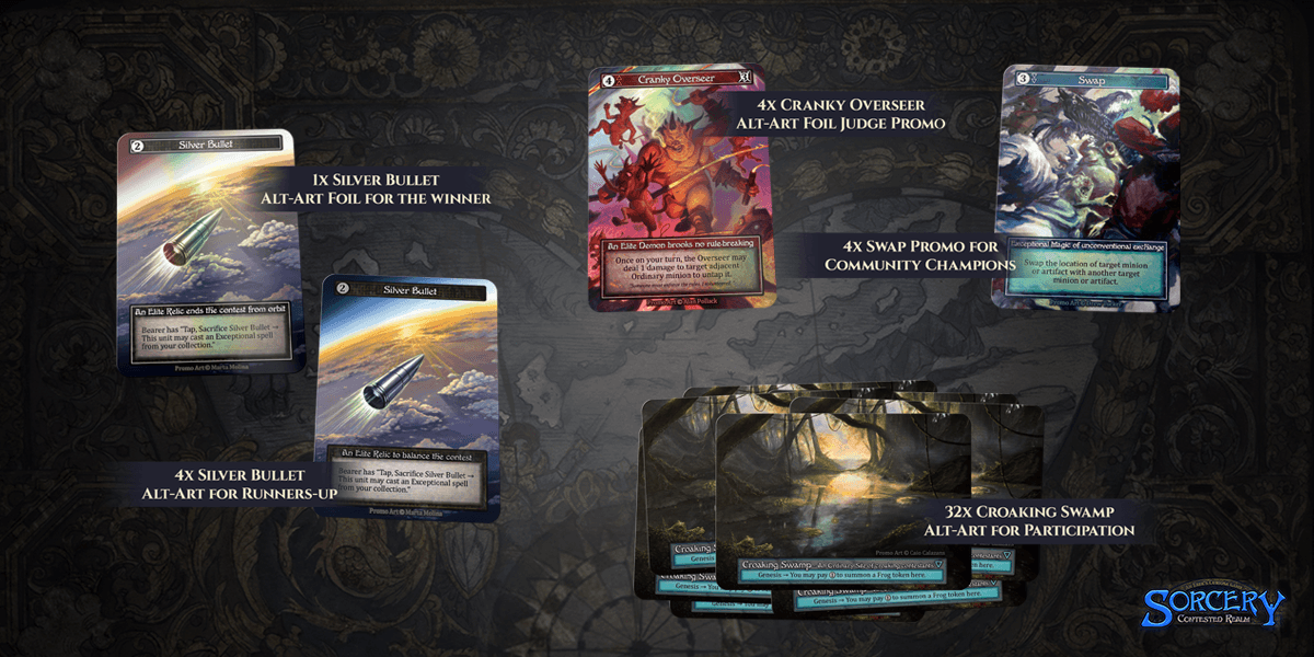 The 2026 Grand Contest promo card lineup — Silver Bullet, Cranky Overseer, Swap, and Croaking Swamp alternate arts