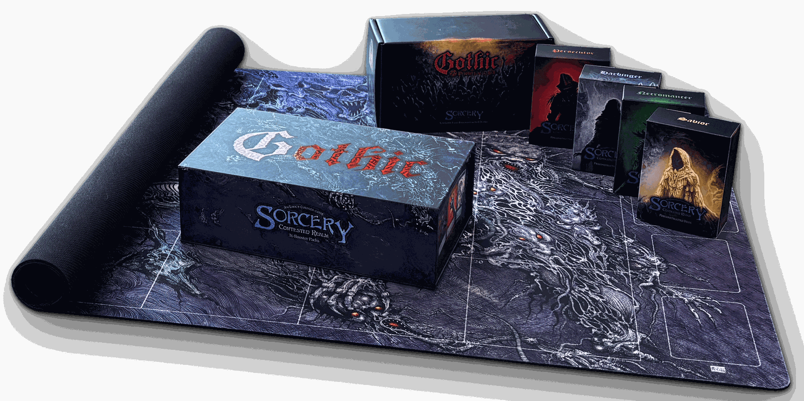 The Gothic product line — booster box, Prophets of Doom preconstructed decks, and playmat